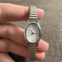 Vintage Timex Watch Women Silver Tone White Dial 18mm Oval Needs Battery - £15.59 GBP