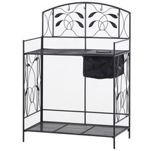 Black Metal Potting Bench with Wrought Iron Vine Accents and Fabric Potting Sink - £193.53 GBP