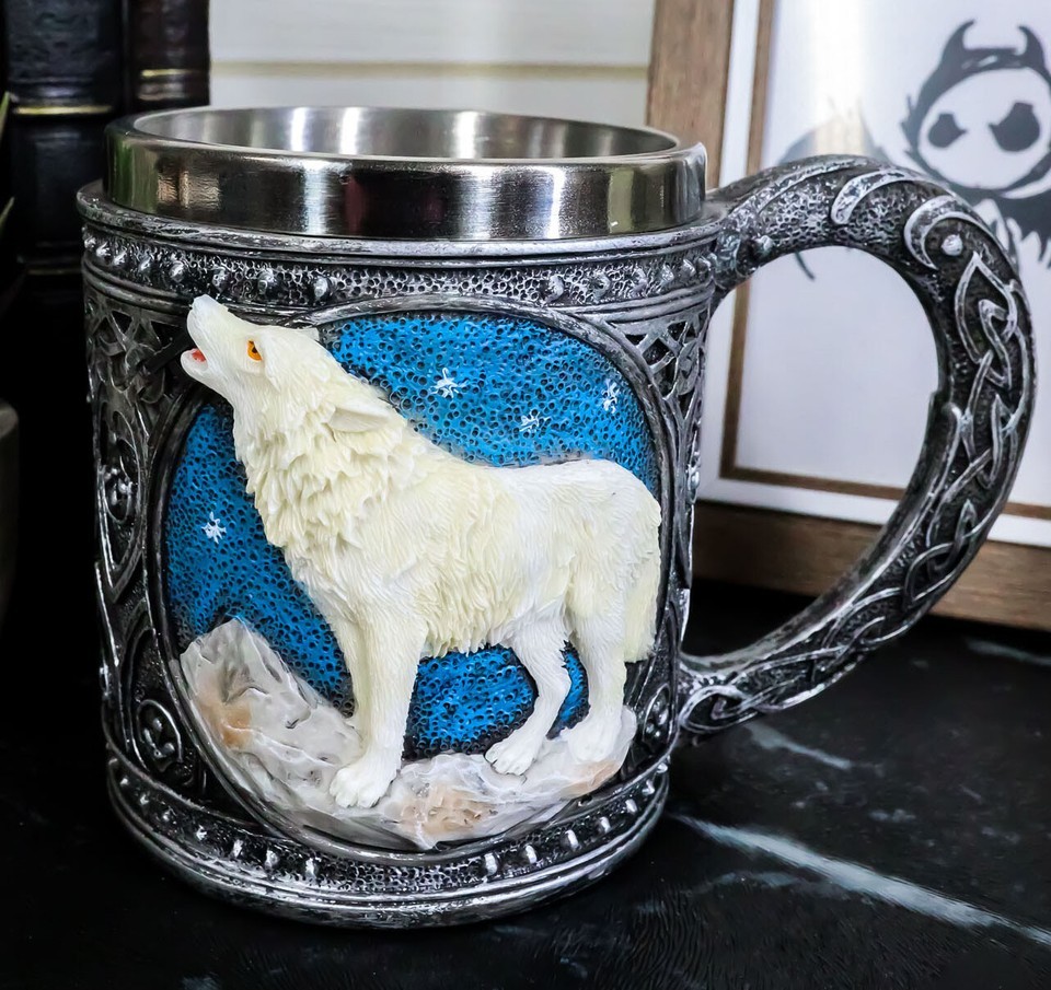 Celtic Howling Direwolf White Wolf At Starry Night Mountains Coffee Mug ... - $24.99