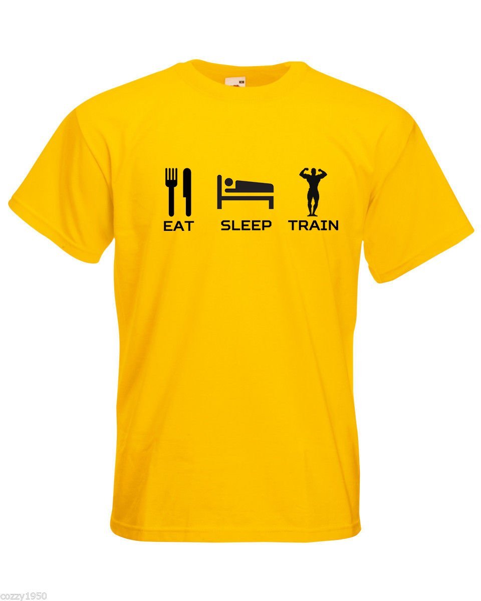 Mens T-Shirt Quote Eat Sleep Train, Bodybuilder Fitness TShirt, Sport Fans - $24.74