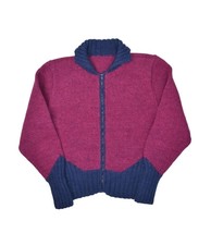 Vintage Hand Knit Wool Sweater Womens S Full Zip Cardigan Purple Blue Jumper - £28.56 GBP