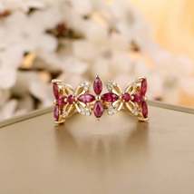1.70Ct Marquise Cut Red Ruby Flower Engagement Band Ring 14K Yellow Gold Finish - £96.20 GBP