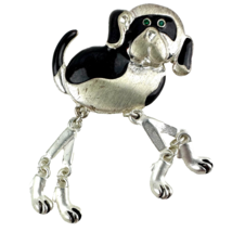 TC Silver Tone Black Paint Dog Pin Brooch Long Moving Legs Green Rhinestone Eyes - £31.53 GBP