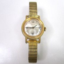 Vintage TIMEX Wind Up Watch Date Ladies Works Gold Stretch Band Stainless Steel - £11.68 GBP