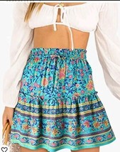  Alelly Skirt Mini Ruffle Size L Blue Floral Swing Beach  - £9.47 GBP
