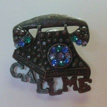 Vintage Pewter Blue/Teal Green Rhinestone Telephone Pin &quot;Call Me&quot;  - $12.88 CAD