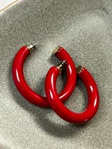Classy Bright Red Thick Tubular Medium Hoop Goldtone Earrings for Pierced Ears – - £10.46 GBP