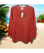 Stein Mart- Peck &amp; Peck Tunic Blouse Top L Coral 100% Linen Embroidered ... - $37.40