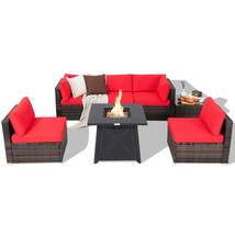 7Pcs Patio Rattan Furniture Set Fire Pit Table Cover Cushion Red - £1,068.39 GBP
