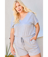 V Neck Short Raglan Sleeve Waist Elastic Band Solid French Terry Romper - €30,39 EUR