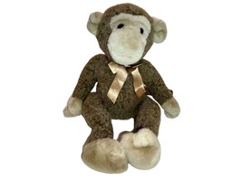 Russ Berrie Jimby Brown Push Stuffed Toy Monkey Vintage 1990s Brown Ribbon Tie - £12.59 GBP