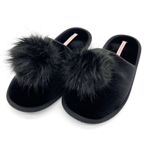 Victoria’s Secret Womens L Slide Slippers Velvet Faux Fur Poof Soft Lounge Cozy  - £13.92 GBP