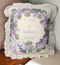 Vtg Handmade Cross Stitch Floral Sister Throw Pillow Ruffle Eyelet Lace 15 x 15 - £13.34 GBP