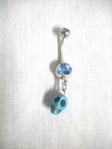 New Baby Blue 3D Human Skull Head Charm On Baby Blue Cz Belly Ring Navel Barbell - £4.68 GBP
