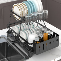 2-Tier Carbon Steel Dish Drying Rack Drainer Organizer W/ Drainboard Detachable - £48.74 GBP