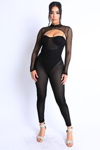 Black Mesh Cutout Long Sleeve Jumpsuit Set_ - £19.55 GBP