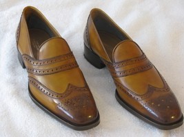 Premium Leather Vintage Two Tone Brown Tan Moccasin Handmade Men Wing Tip Shoes - £120.54 GBP+