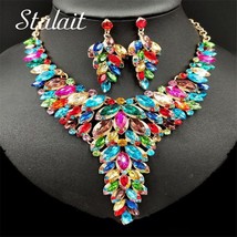 Charm Full Colorful Crystal Wedding Jewelry Necklace Earrings Feather Shape Long - £21.79 GBP