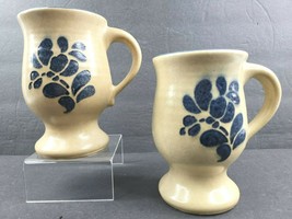 2 Pfaltzgraff Folk Art Grand Mug Set 5&quot; Pedestal Coffee Tea Cups Tan Blue Floral - £23.84 GBP