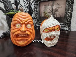 2pc Halloween Spooky Scary Pumpkins Mummy Resin Prop Figurine Statue decor - £39.55 GBP