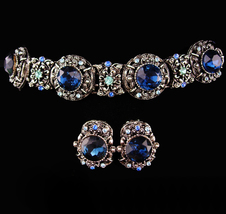 LARGE 1950&#39;s faux blue sapphire rhinestone bracelet set - Chunky rhinest... - £129.74 GBP