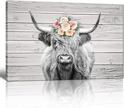 Scottish Highland Cow Headband Floral Bouquet Canvas Wall Decor Rustic (24&quot;x16&quot;) - £15.45 GBP