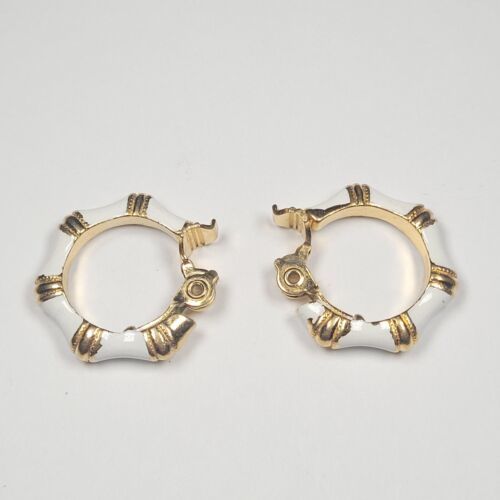 Monet Gold Tone White Enamel Hoop Clip-On Earrings Vintage Signed Simple Classic - $14.01