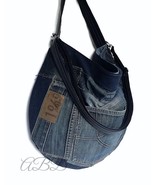 Large Recycled Denim Bag: Jeans Handbag with Adjustable Strap - $130.00