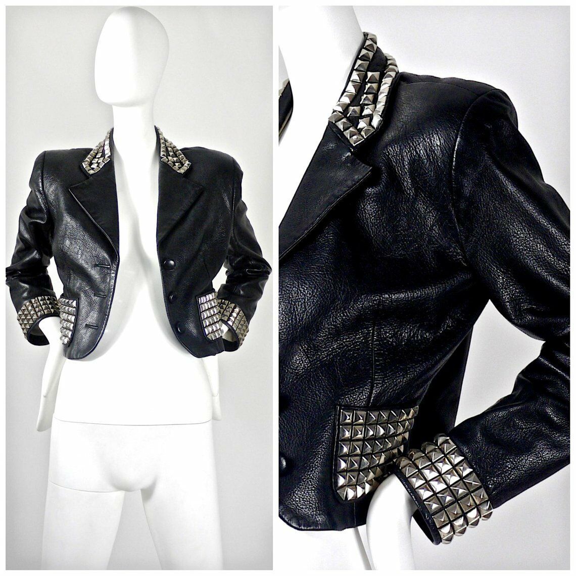 Women's Black Cropped Premium Leather Silver Studded Front Button Closure Jacket
