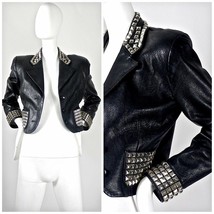 Women&#39;s Black Cropped Premium Leather Silver Studded Front Button Closur... - $205.79