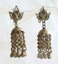 Boho Hippie Ancient Style Silver-tone Filigree Clip Earrings 1960s vint. 2 1/4&quot; - £11.21 GBP