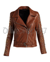Women Full Brown Metallic Silver Golden Multi Studded Belted Leather jacket - £164.26 GBP