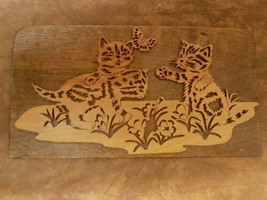 3 Kitty Cats W Butterfly Wood Carving Art Handmade Wall Decor - £19.38 GBP
