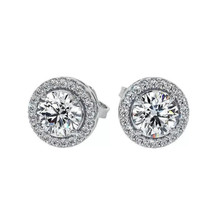 4Ct Round Simulated Halo Stud Earrings 14K White Gold Plated Silver8mm Push Back - £85.76 GBP
