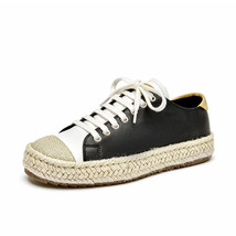 Sneakers Women Cow Leather Round Toe Straw Weaving Lace Up  Casual Espadrille La - £137.28 GBP