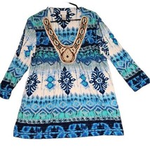 Chico&#39;s Top Blouse Tunic Blue White Wooden Beads Boho Long Sleeve Sz 3 USA Made  - £20.74 GBP
