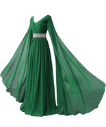 Kivary V Neck Long Sleeves Chiffon Goddess Prom Vintage Evening Dresses Green US - $128.69