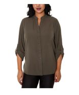 Mario Serrani Womens Blouse Dark Green Solid Roll Long Sleeve Button - $60.55 CAD
