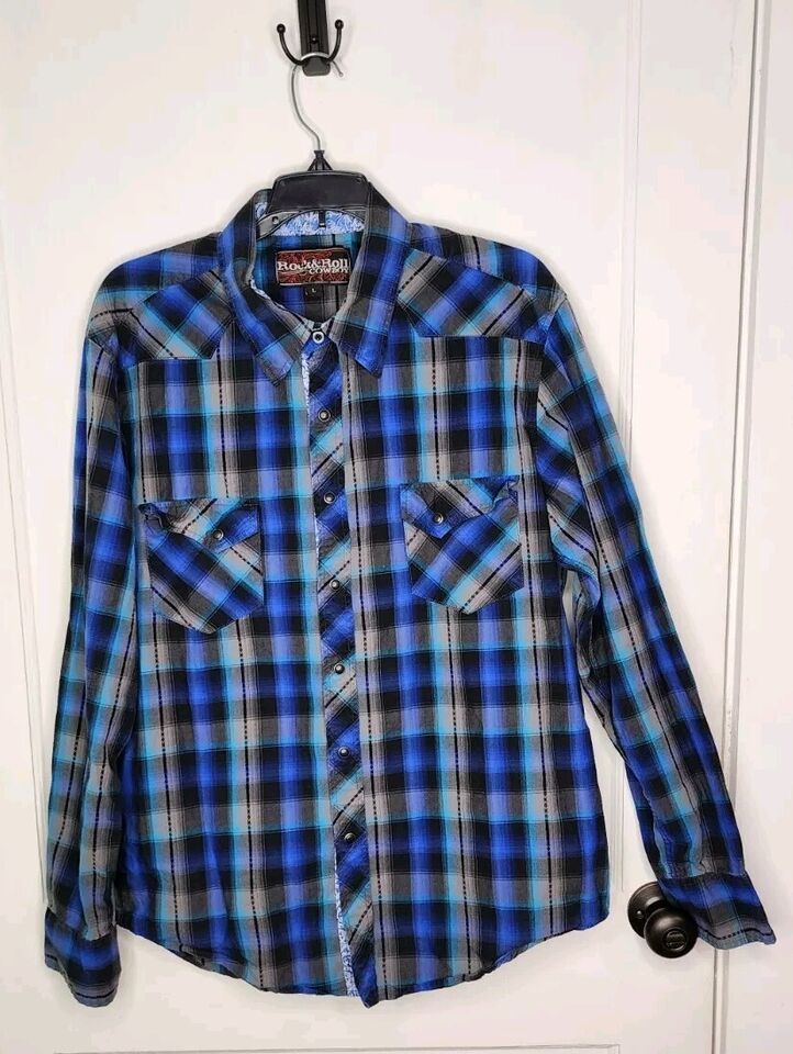 Rock &amp; Roll Cowboy Western Shirt Blue Black Plaid Long Sleeve Pearl Snap... - $18.65