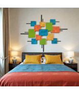 Mid Century Modern Cosmic Wood &amp; Metal Wall art, Teal Wall sculpture 40x33 - $197.99