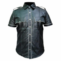Mens Real Leather Black Police Military Style Shirt Gay Bluf All Size Hot Shirt - $99.94