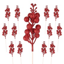 12 Pcs Christmas Berries, 9 Inch Glitter Artificial Red Berry Stems, Christmas P - £14.93 GBP