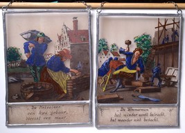 Pair of 19C - 20C antique Dutch stained glass reverse painting Mason n C... - $272.00
