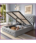 Modern Grey Upholstered Double Ottoman Bed Frame with Hydraulic Storage ... - $553.02 CAD