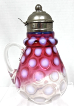 Antique Coin Dot Syrup Pitcher Cranberry Pink w Moonstone White 7&quot; Tall ... - $1,573.10 MXN