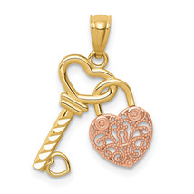 14K Two-tone Polished Filigree Heart Lock and Diamond-cut Key Charm C4664 - $134.60