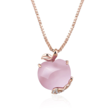 Pink Opaque Crystal Apple Pendant Necklace Rose Gold - £9.85 GBP