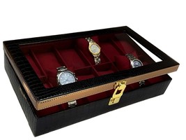 Black Gold Pearl” 12 Slots Watch Organizer, High Gloss Black Leatherette with Go - £35.52 GBP