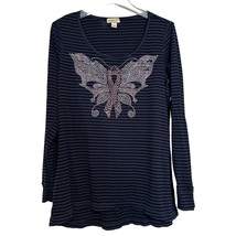 One World Women Breast Cancer Awareness XL Striped Rhinestone Butterfly Top LS - £13.27 GBP