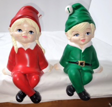 Vtg Elves Elf Pair Figurines Shelf Sitters 1989 Scioto Mold Ceramic Hand Painted - £34.83 GBP